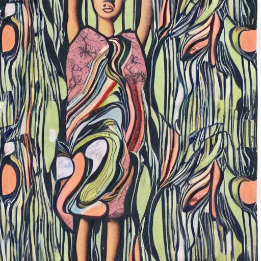 Image similar to fabric pattern joyful by rudy siswanto, by henry moore. a collage of a woman standing in a field of ashes, her dress billowing in the wind. her hair is wild & her eyes are closed, in a trance - like state. dark & atmospheric, ashes seem to be alive, swirling around.