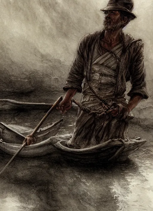 Image similar to portrait, The boatman on the river Styx, watercolor, dramatic lighting, cinematic, establishing shot, extremely high detail, foto realistic, cinematic lighting, pen and ink, intricate line drawings, by Yoshitaka Amano, Ruan Jia, Kentaro Miura, Artgerm, post processed, concept art, artstation, matte painting, style by eddie mendoza, raphael lacoste, alex ross