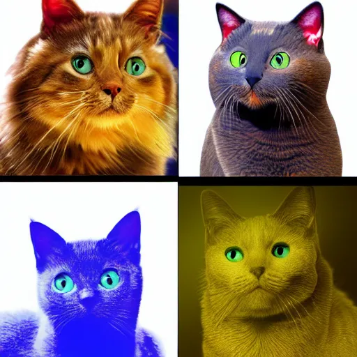 Image similar to a series of four pictures of different colored cats, computer graphics by hanns katz, pixabay contest winner, photorealism, quantum wavetracing, # myportfolio, macro photography