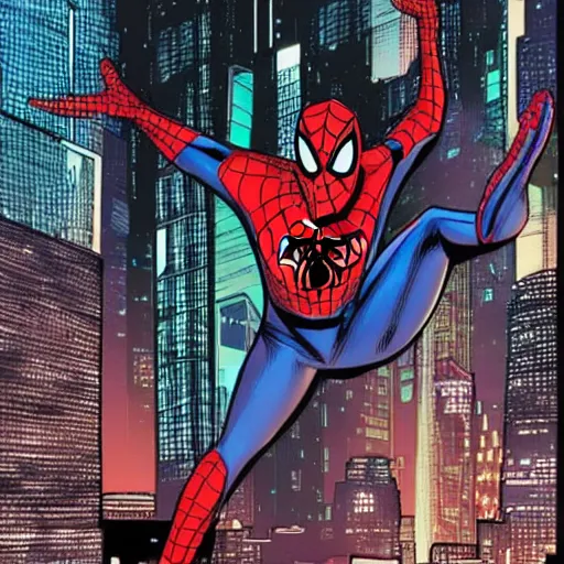 Prompt: spider man comic in cyberpunk future