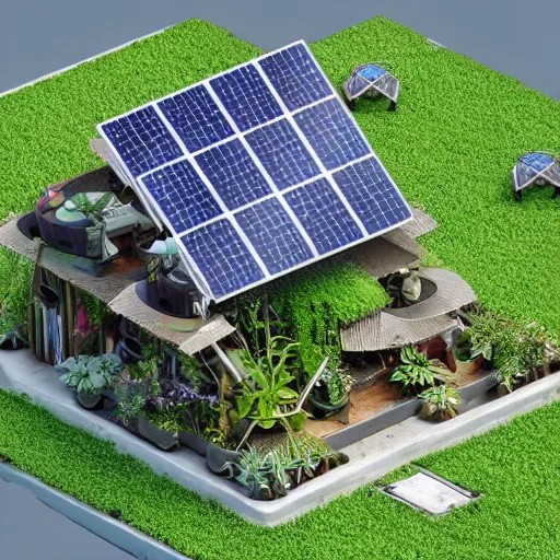 Image similar to solarpunk home, made from pearl material. Plants growing on the roof, solar panels, 4k, realistic, art station