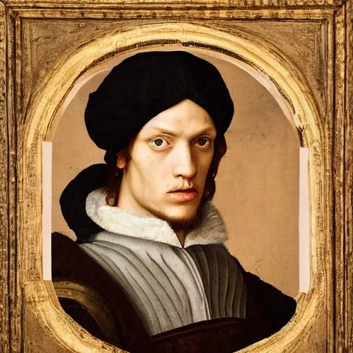 Prompt: A Renaissance portrait painting of Jamie Campbell Bower