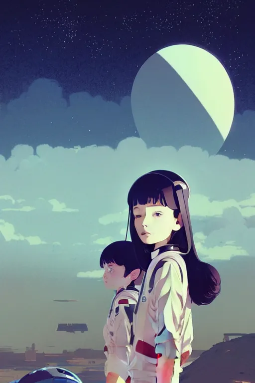 Image similar to portrait of a girl with astronaut helmets by ilya kuvshinov, cloudy sky background lush landscape ln illustration concept art anime key visual trending pixiv by victo ngai fanbox by greg rutkowski makoto shinkai takashi takeuchi studio ghibli