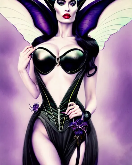 Prompt: new art nouveau portrait of fantasy succubus maleficent megan fox wearing a latex corset, anna dittmann, moebius, wlop, artgerm, patrick nagle, charlie bowater and loish. long windblown hair, very large, clear, expressive, and intelligent eyes, ultrasharp focus, dramatic lighting, photorealistic digital matte painting, intricate.