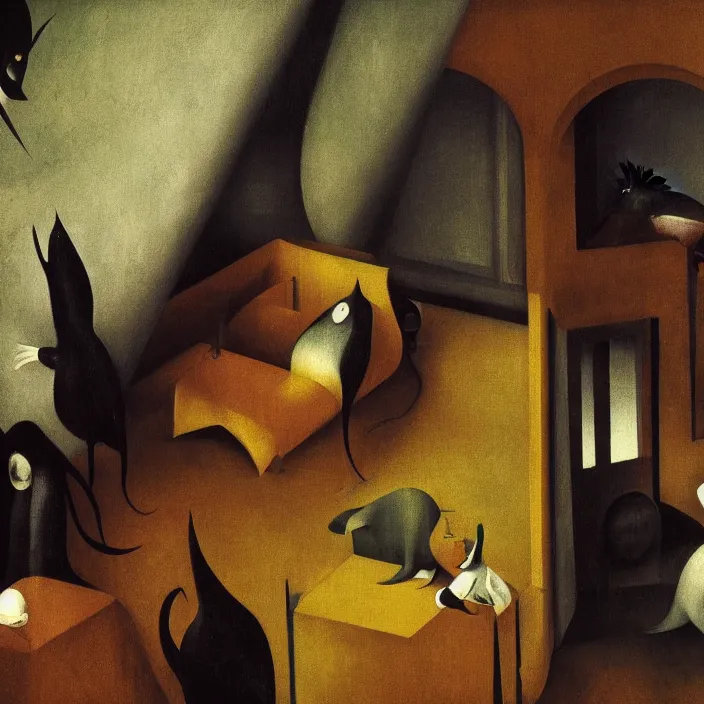 Image similar to group of creatures with distinct personalities, in an urban hotel room, close - up of the faces : : surreal architecture, chiaroscuro lighting, mysterious atmosphere : : oil painting by leonora carrington, hieronymus bosch and edward hopper, ultra - detailed technical precision : : matte painting, high definition, octane render, unreal engine, 8 k