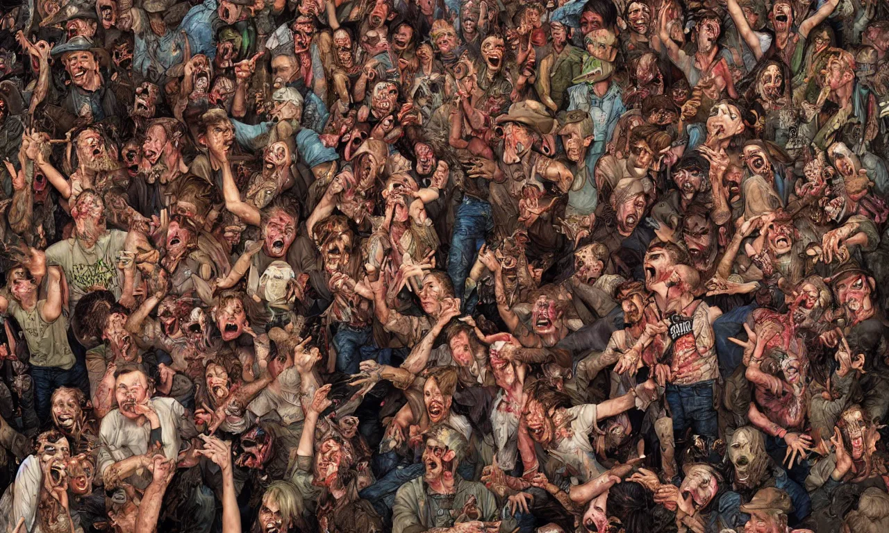 Image similar to a detailed digital art portait of undead backwoods rednecks in a mosh pit, art by norman rockwell, pixar style