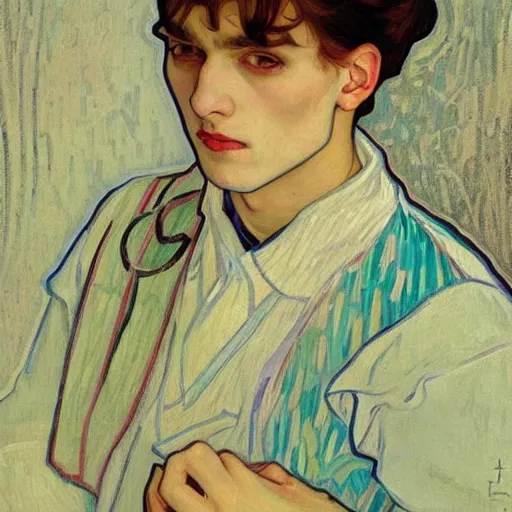 Image similar to painting of grumpy taehyung in a maid outfit, elegant, clear, painting, stylized, art, art by alphonse mucha, vincent van gogh, egon schiele,