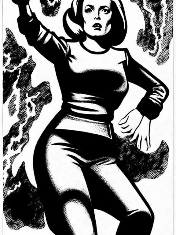 Prompt: dana scully illustrated by jack kirby, floating, hand outstretched, energy effects, power cosmic, poster, pen - and - ink illustration, kirby inks