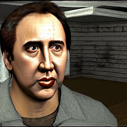 Image similar to nicolas cage in silent hill pc game, 3 d model, screenshot