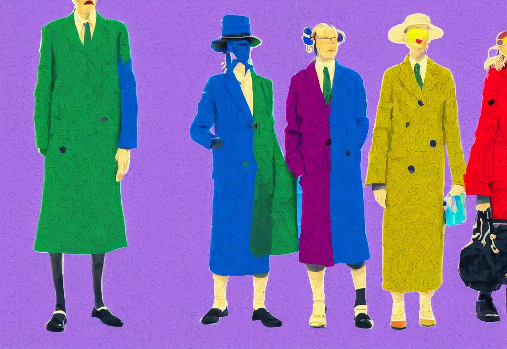 Image similar to full body portrait of a trio of young fashionable european tourists long pattern coat travel apparel, with nikon cameras, various poses shooting photos, character designs painting, in the style of wes anderson, rene magritte, lola dupre, david hockney, isolated on white background, dark monochrome neon spraypaint accents volumetric octane render