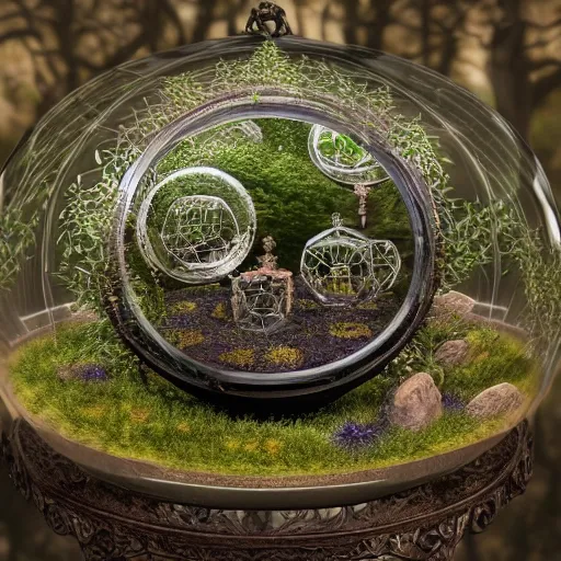 Prompt: an ornate glass and cast iron terrarium containing a forest clearing with circle of standing stones, by paulette tavormina and michael whelan and donato giancola, terrarium with intricate geometric decoration, on a sumptuous velvet tablecloth, in a dark dusty parlor, hyper realistic, extremely detailed, dramatic lighting, victorian, octane render, featured on artstation