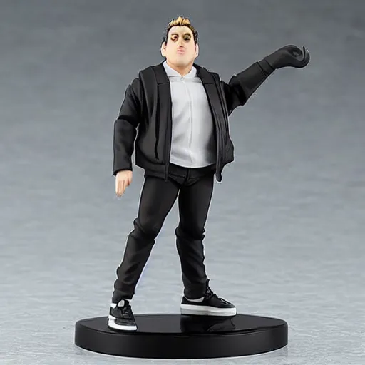 Image similar to Jonah Hill as a Figma anime figurine. Posable PVC action figurine.