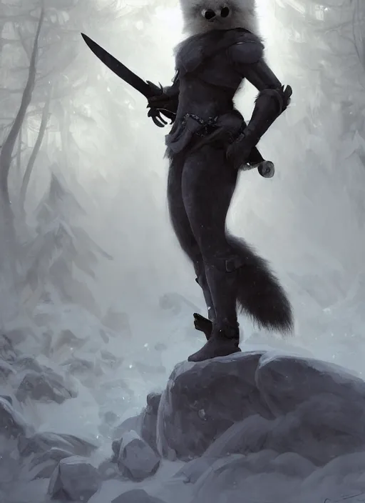 Image similar to character concept portrait of a bipedal Arctic Fox, dark fur, Paladin with in full metal armor with a sword and shield, a blizzard drifts through the forest behind her, intricate, elegant, digital painting, concept art, smooth, sharp focus, illustration, from Metal Gear, by Ruan Jia and Mandy Jurgens and William-Adolphe Bouguereau, Artgerm