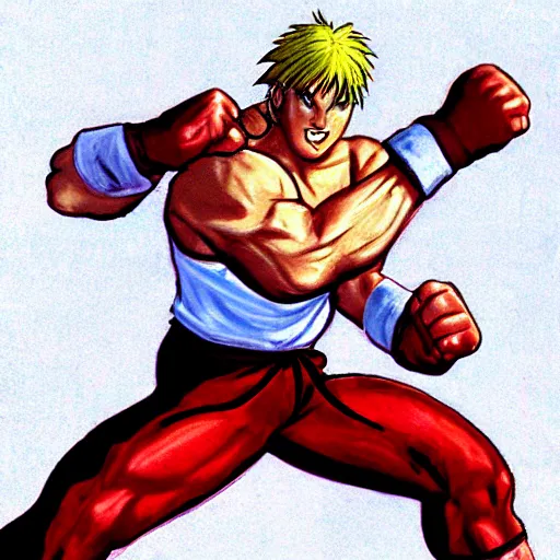 Prompt: ken from street fighter 2 in the style of freud, lucian