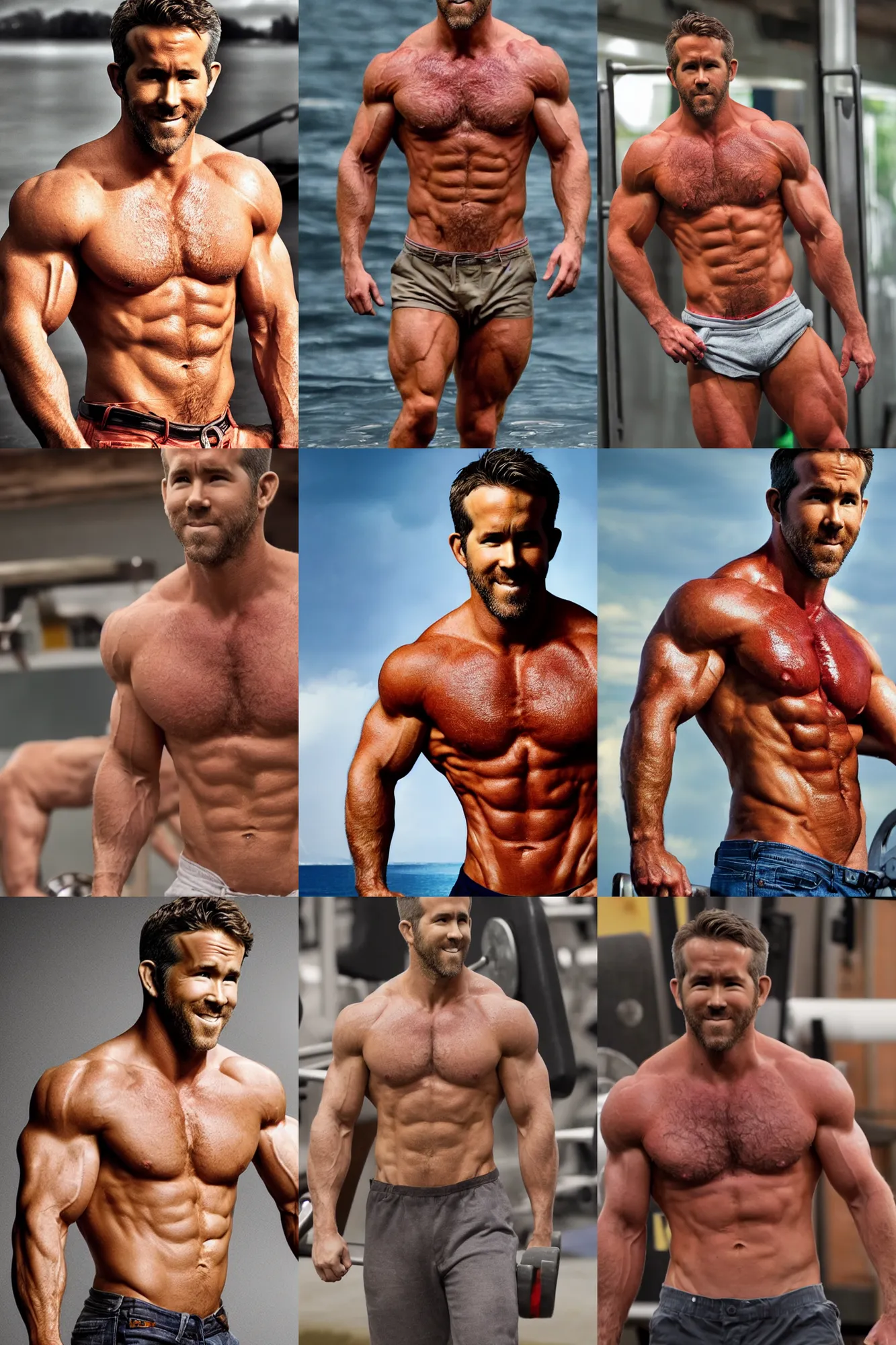 Prompt: ryan reynolds as a bodybuilder, masculine, muscular, handsome, hairy torso, 4 k hd