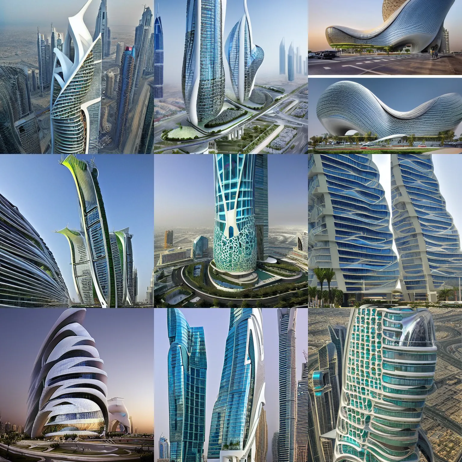 Prompt: modern office building in dubai designed by vincent callebaut and zaha hadid.