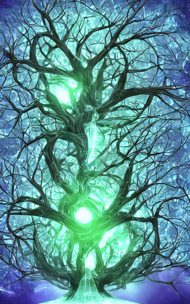 Image similar to futurist cybernetic yggdrasil tree, future perfect, award winning digital art