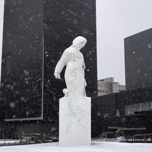 Image similar to black and white photo of snow falling on white cracked marble statue, in the background is a snowy concrete brutalist building, the statue is wearing a haute couture winter jacket by moncler genius, the statue is made of white marble, everything is white marble, sharp focus, depth of field, clear focus, beautiful, denoise, clean, japanese fashion