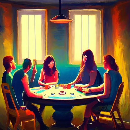 Image similar to people playing poker on a table by alena aenami and annato finnstark