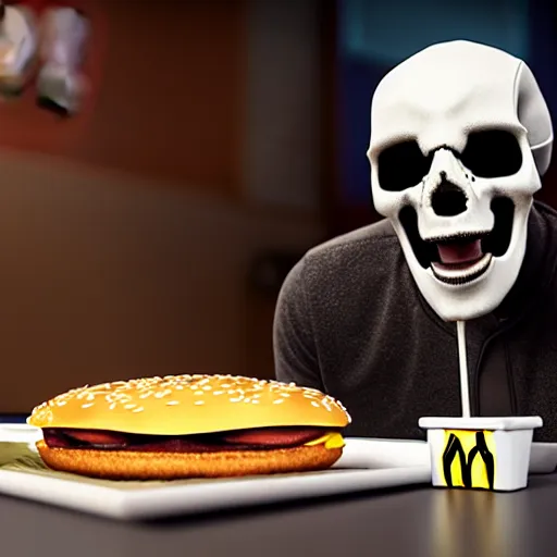 Image similar to photograph of a man with a skull reaper head begging for food at mc donalds, 8k resolution, high detail, ULTRA REALISTIC VFX, reflections