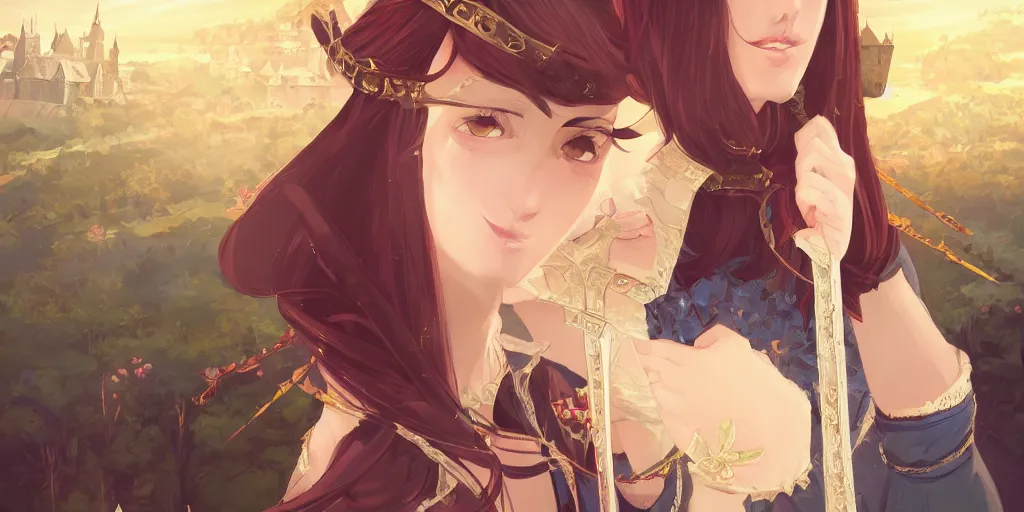 Image similar to portrait of elegant brunette as a medieval royalty, medieval castle background, shallow focus, rich vivid colors, ambient lighting, dynamic lighting, 4k, official media, anime key visual, makoto shinkai, ilya kuvshinov, lois van baarle, rossdraws, detailed, trending on artstation