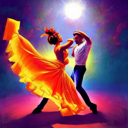 Image similar to semi realistic portrait of The sun is exploding while Latino Cubans Dancers Salsa Dancing by Stanley Artgerm Lau, sun exploding on the background, Gesture draw, Salsa Social Dance, couple, Salsa tricks, explosive background, WLOP, Rossdraws, Gesture draw, James Jean, Andrei Riabovitchev, Marc Simonetti, and Sakimichan, trending on artstation