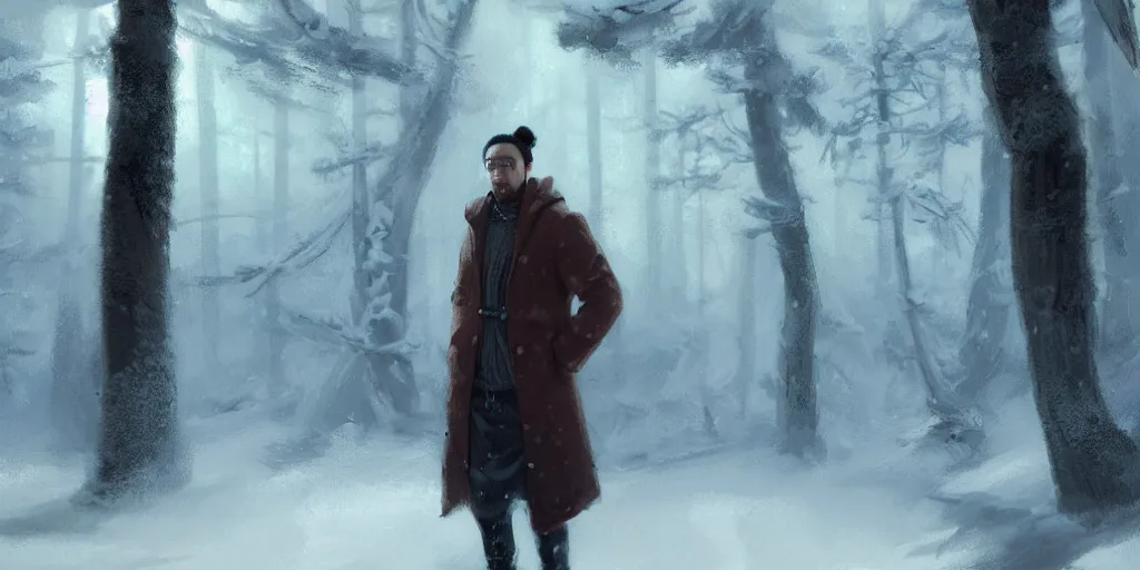 Image similar to a man with a japanese long dark hair bun, in a snowy forest setting with ray lights, hard edges concept art, highly detailed, great cinematic lighting, depth of field, art by greg rutkowski, trending on artstation