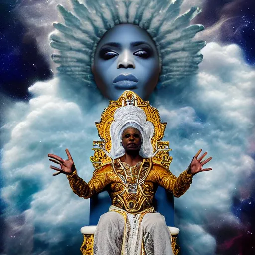 Image similar to obatala the cosmic god wearing all white and gold sitting on a throne of nebula clouds, by Adi granov and afarin sajedi in a surreal portrait style, matte painting, volumetric lighting, piercing eyes, detailed face, orisha, 8k, hd