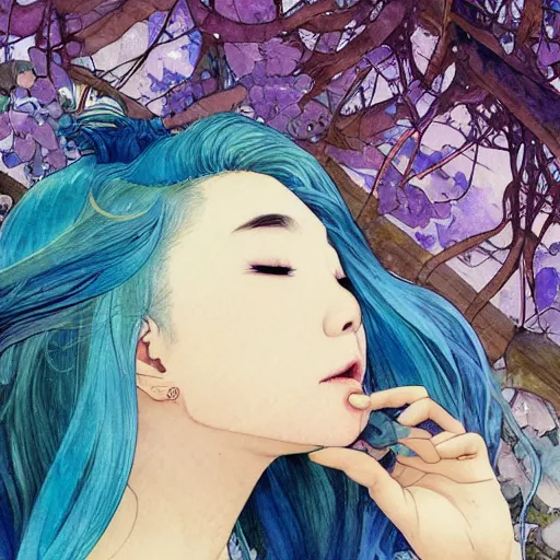 Image similar to side view a beautiful and inspiring intricate watercolor illustration artwork bright blue hair japanese beautiful sweet girl in the forest, feeling the nature, eyes closed, 4 k, ultra - wide angle, by william turner, by victo ngai, by alphonse mucha, by miho hirano, hd, trending on artstation, hyper detailed, muted colors, inspiring, beautiful, energetic