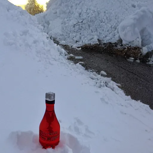 Image similar to vodka bottle buried in snow under an avalanche