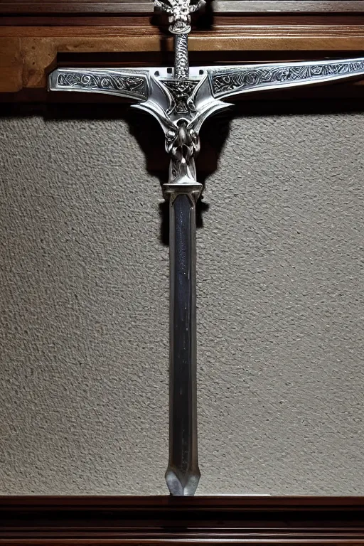 Prompt: sword of justice hanging on a wall, ornate gem in pommel, engraved blade, above a table