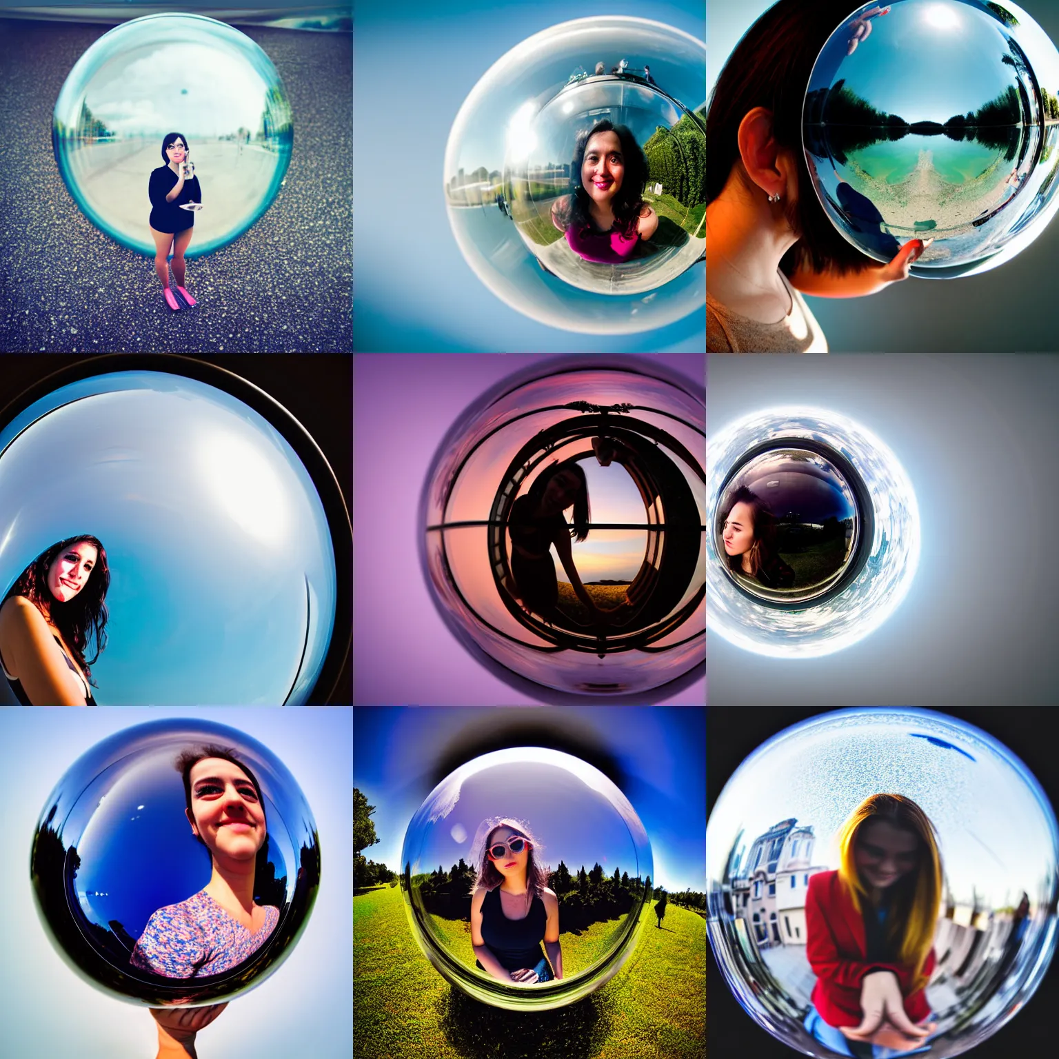 Prompt: photo sphere photograph portrait of a woman as seen through a glass ball glass sphere photography prop, canon 5 d, professional photography, dslr