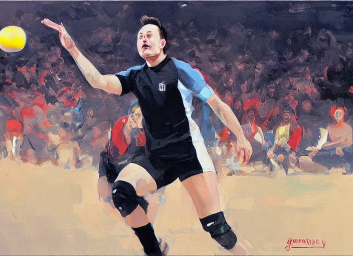 Image similar to a highly detailed beautiful portrait of elon musk playing voleyball, by gregory manchess, james gurney, james jean