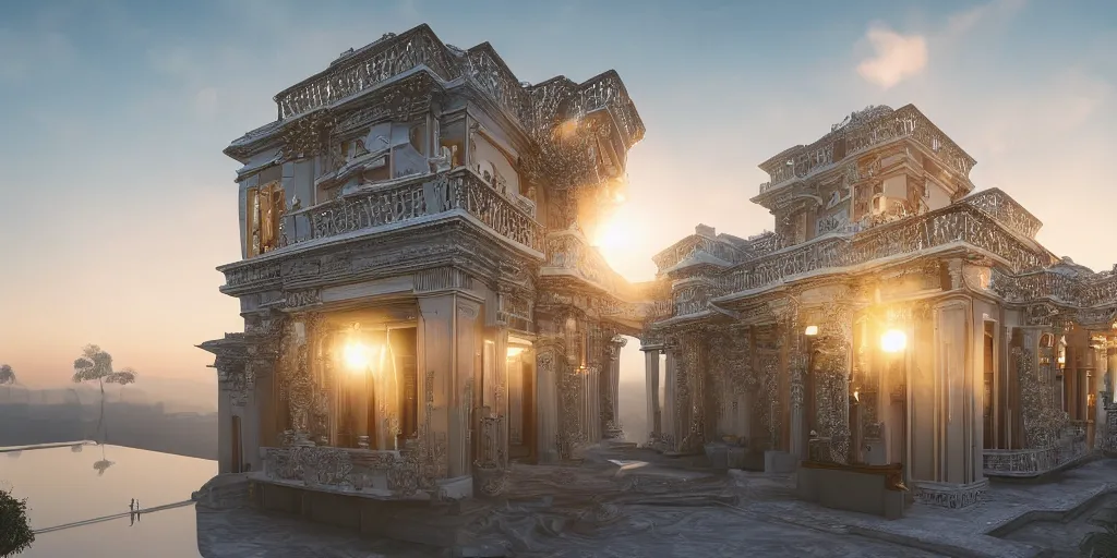 Image similar to extremely detailed ornate stunning sophisticated beautiful house, stunning volumetric light, sunset, concrete and translucent material, stunning skied, 8k
