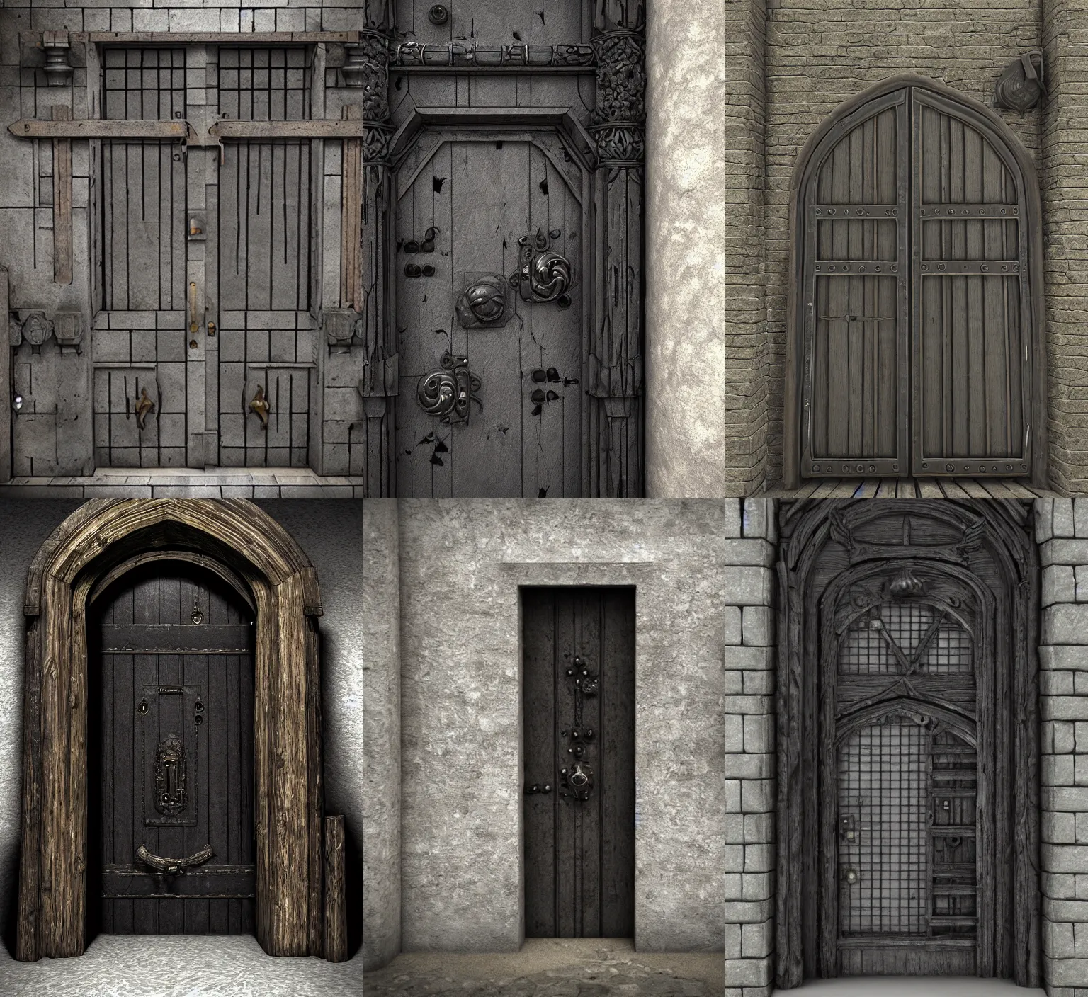 Prompt: medieval door with black steel bars and black knobs, unreal engine, joongwon jeong, detailed and intricate environment