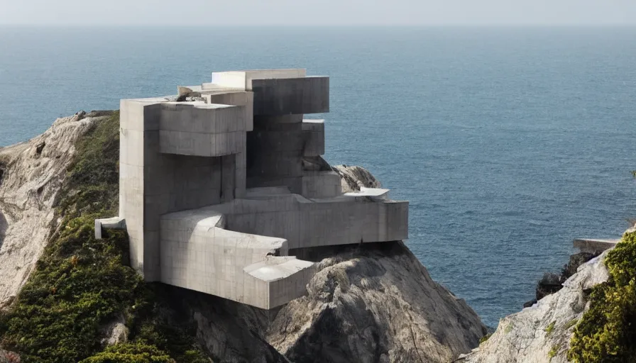 Prompt: bond villain base perched on a cliff overlooking a magnificient bay, brutalism architecture on cliffs, drawing architecture, pritzker architecture prize, greig fraser