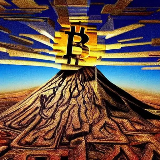 Image similar to a mountain made out of computer screens that display bitcoin logos, cinematic, post - apocalyptic landscape, harsh contrast lighting, in the style of surrealism, made by salvador dali