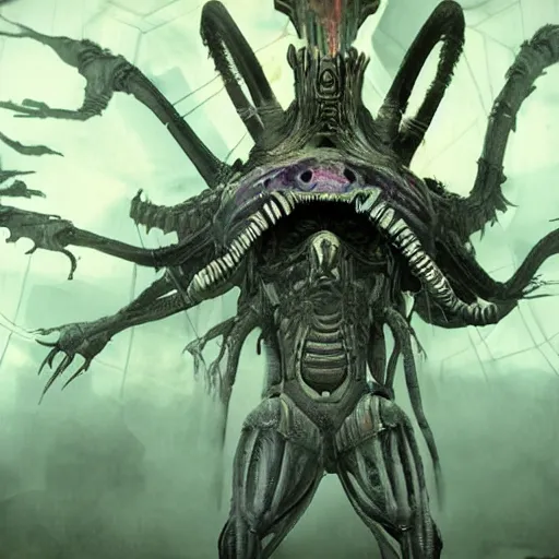 Image similar to phyrexian dreadnought borg queen xenomorph hybrid with protomolecule vesicles being possessed by the machine spirit rikolo and doctor seuss with joan semmel and hr giger pastel high contrast cinematic light, mystical shadows, sharp focus, divine realm of gods, octane render