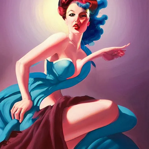Image similar to a painting in the style of gil elvgren and in the style of peter mohrbacher.