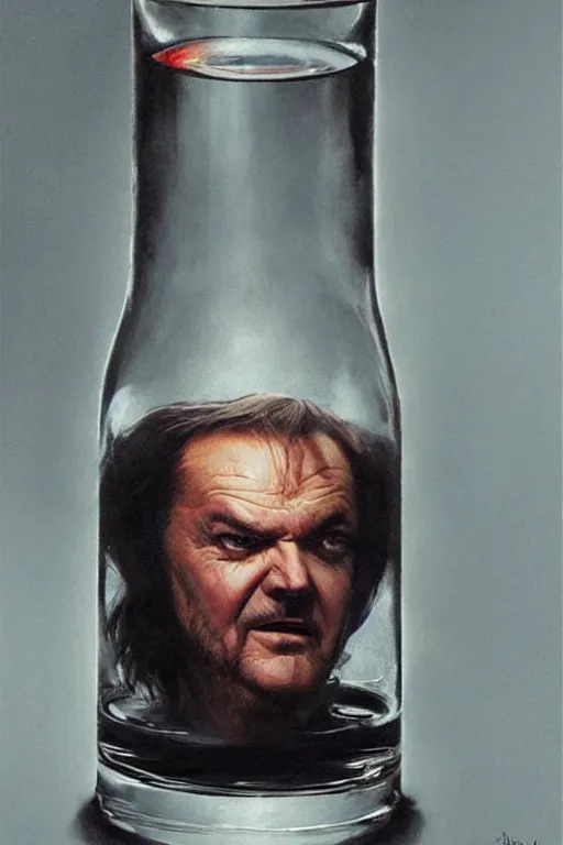 Prompt: a ship in a bottle but instead of a ship it is jack nicholson in the bottle, the shining, whiskey bottle, masterpiece painting by artgerm, ruan jia, tom bagshaw
