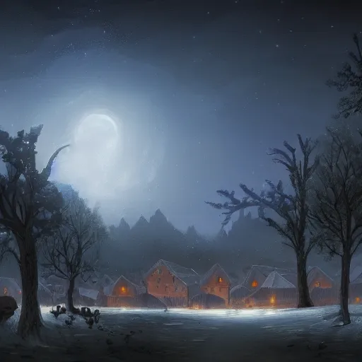 Prompt: a small medieval village next to a forest at night with the moon in the sky by noah bradley, matte painting, Artstation, snowy