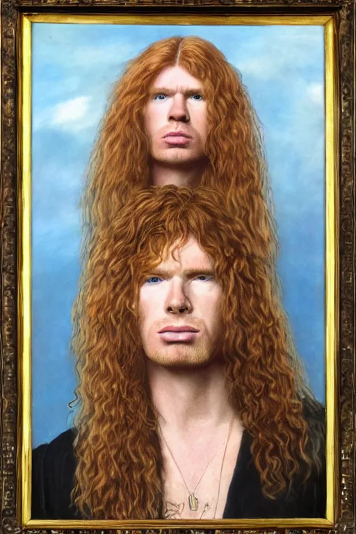 Image similar to Pre-Raphaelite portrait of Dave Mustaine from Megadeth, with very long blond hair and grey eyes