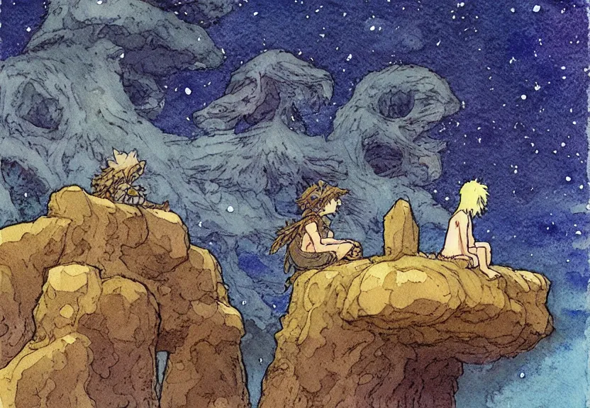 Prompt: a simple watercolor studio ghibli movie still fantasy concept art of a giant native american man sitting on a tiny stonehenge in the ocean. it is a misty starry night. by rebecca guay, michael kaluta, charles vess