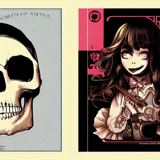 Image similar to portrait skull girl manga by anime, tom whalen, laurie greasley, jc leyendecker and greg rutkowski