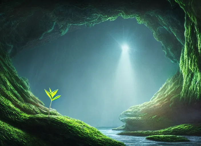 Image similar to long shot of a tiny plant on an island in a river in an underground cave. fantasy magic style. highly detailed 8 k. intricate. lifelike. epic. movie poster. soft light. sony a 7 r iv 5 5 mm. cinematic post - processing