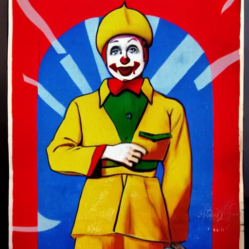 Image similar to young man as communist clown, soviet propaganda style poster