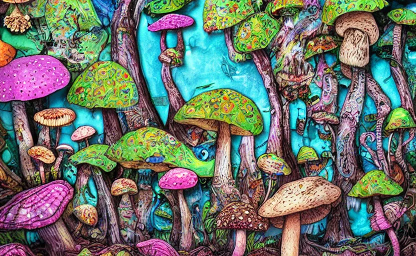 Image similar to hyperdetailed mushroom wood, seen from the distance at night. along a maximalist river made of paper and unexpected interesting fabric elements. 8 x 1 6 k hd mixed media 3 d collage in the style of a childrenbook illustration in pastel neon tones. shiny matte background no frame hd