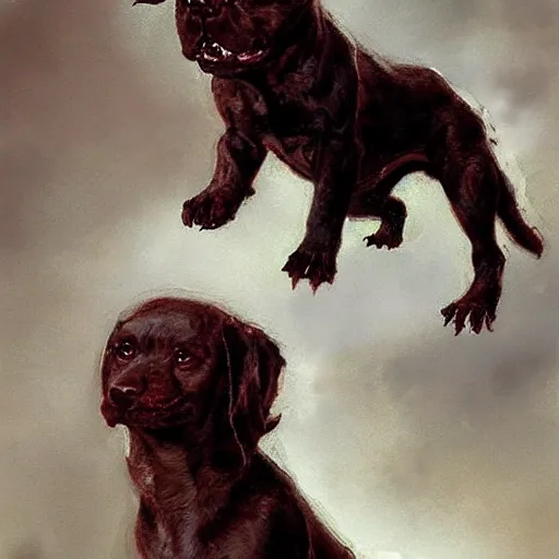 Prompt: cute, adorable, 3 - headed demon dog cerberus, painted by greg rutkowski, wlop