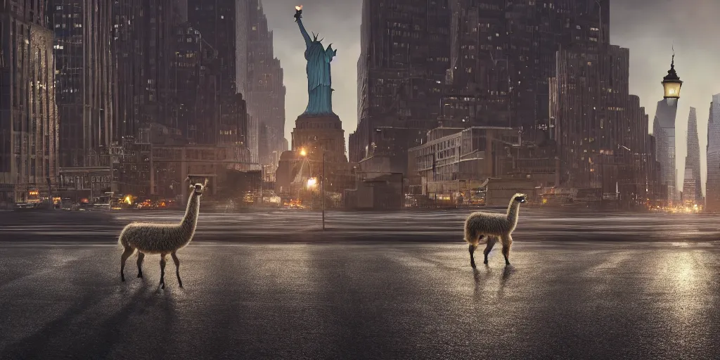 Image similar to a llama walking through a desolate manhattan city street at night, statue of liberty seen in the background, realistic 4 k octane beautifully detailed render, 4 k post - processing, highly detailed, detailed face, intricate complexity, epic composition, magical atmosphere, cinematic lighting, masterpiece, ultra hd