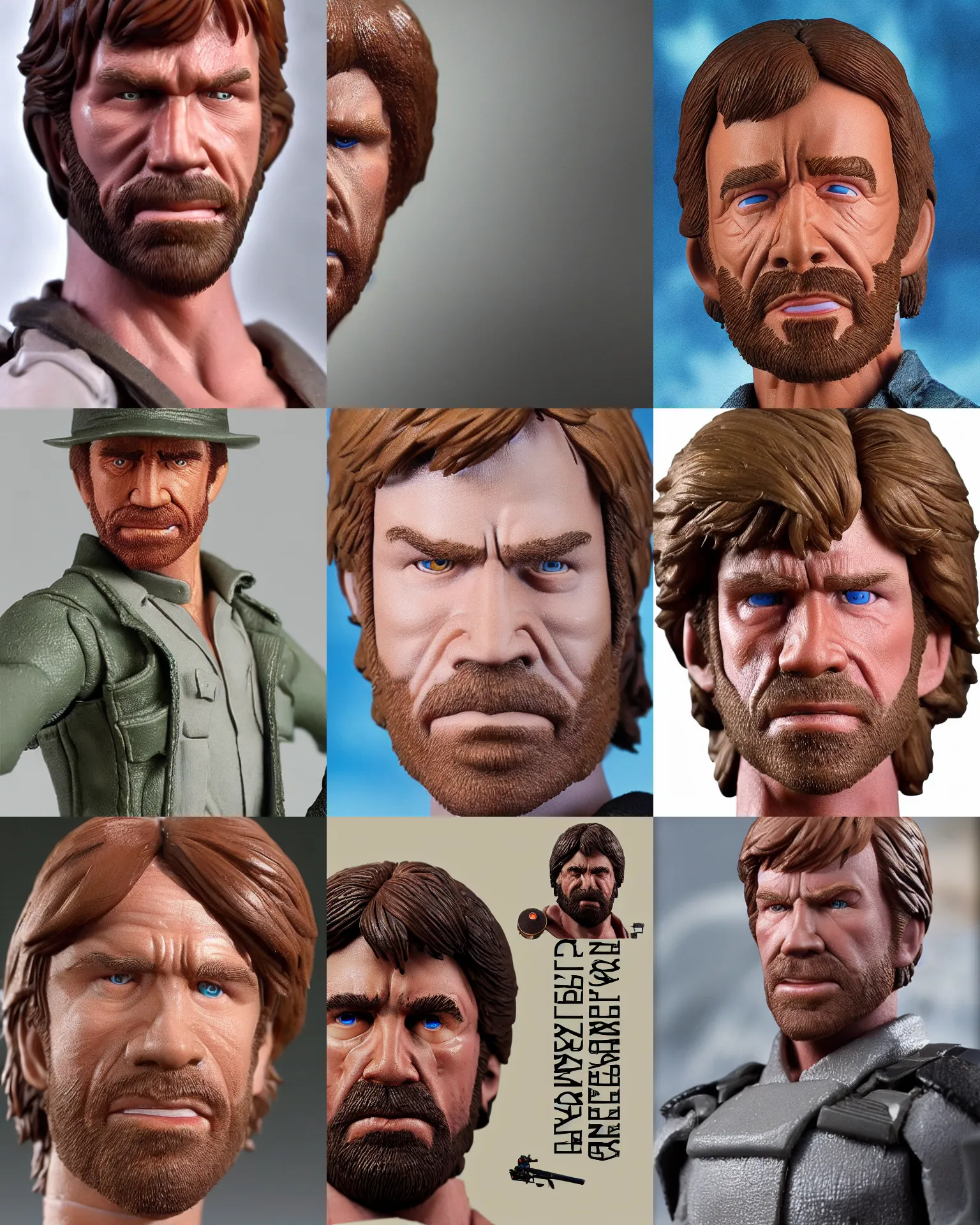 Prompt: chuck norris!!! neca!!! f plastic action figure by neca face close up headshot in the style of neca, character by neca, soft flat light, overcast
